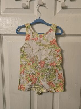 Girls' Floral Tank Romper - White with Green & Coral Accents